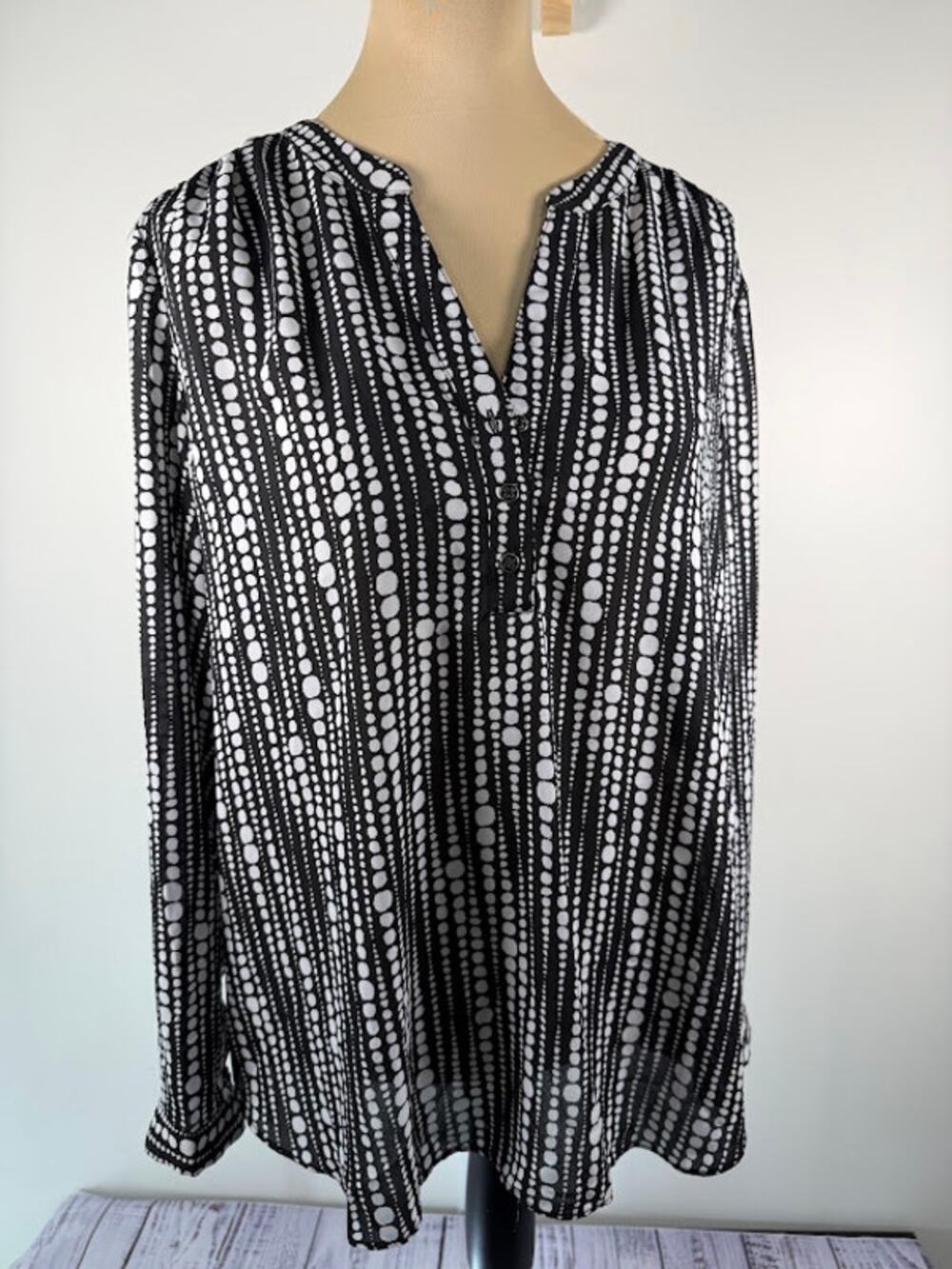 Zac & Rachel Womens Long Sleeve Popover Blouse L Black White Dot Stripe Print